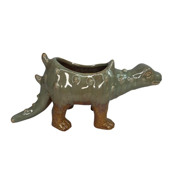 Ceramic Dinosaur Animal Planter Drip Glaze Glossy Finish Green Brown - Picture 3 of 8